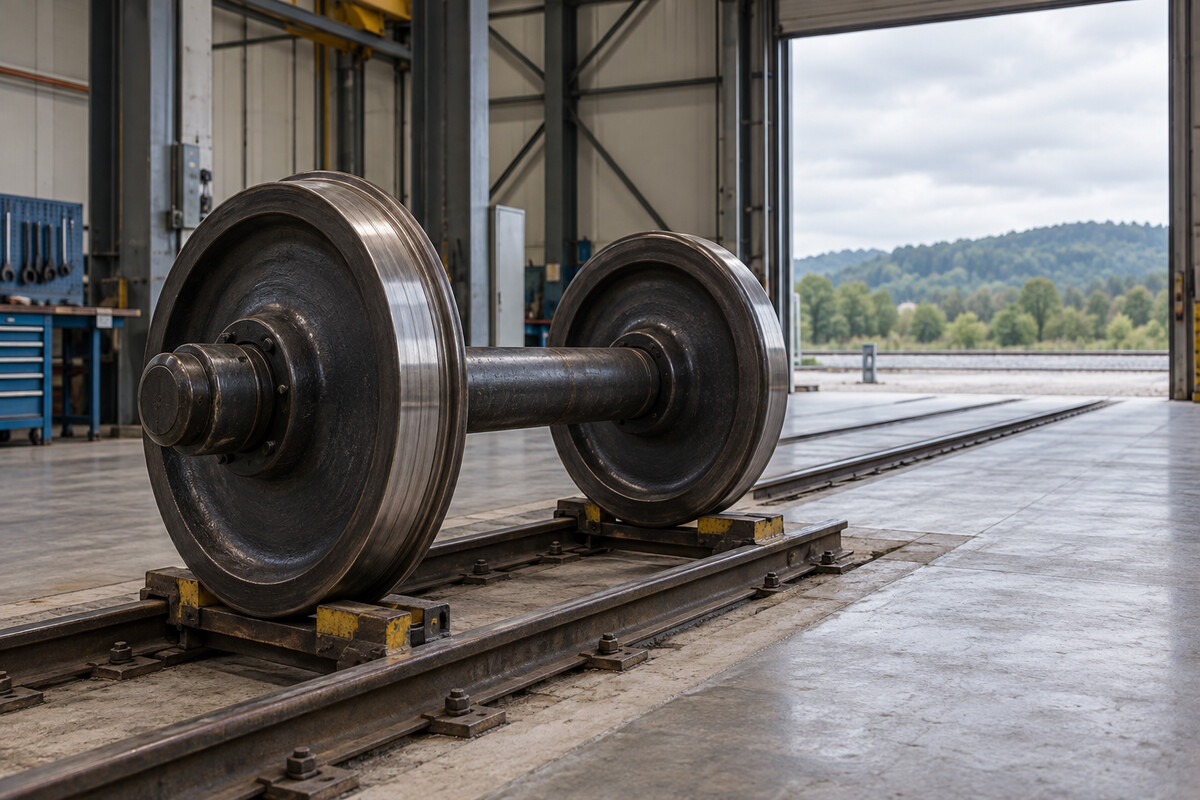 Rail wagon wheelset beside a maintenance bay Rail wagon wheelset beside a maintenance bay