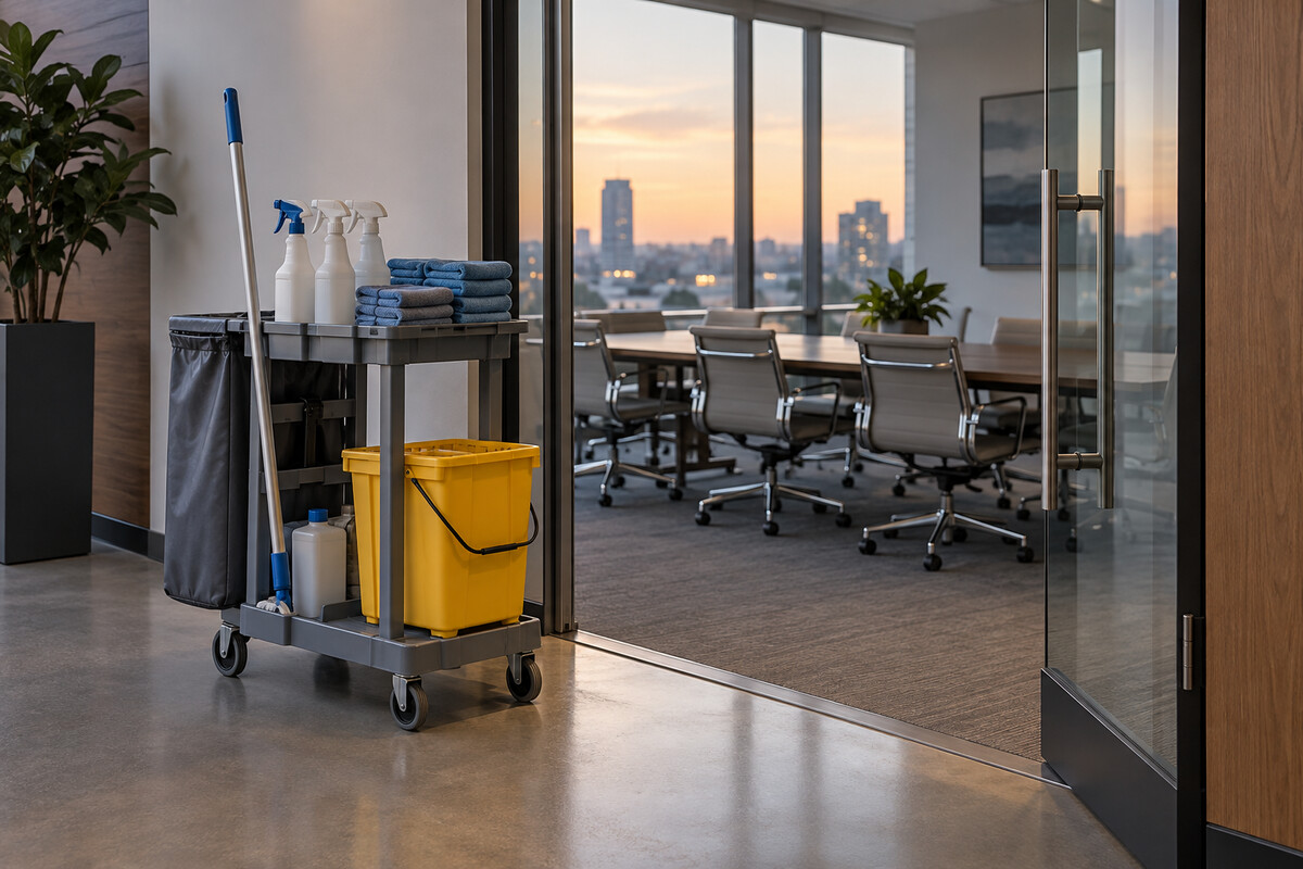 Cleaning cart beside an available meeting room Cleaning cart beside an available meeting room